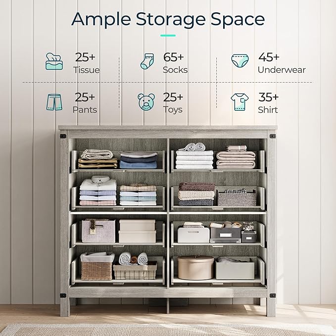 LINSY HOME Farmhouse 8 Drawer Double Dresser for Bedroom, 50” Wide Rustic Wood Chest with Deep Drawers, Modern Dressers with Storage and Metal Handles for Closet, Living Room, Hallway, Wash Grey
