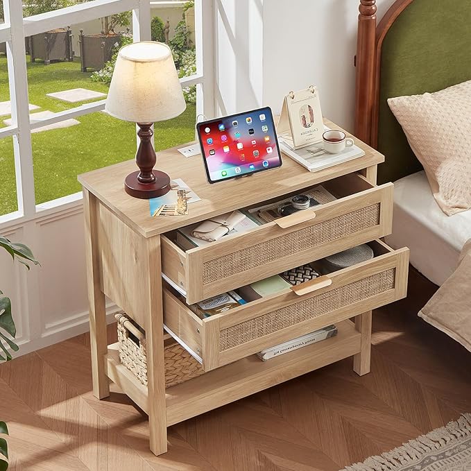 LEYAOYAO 31.5" Wide Rattan Night Stand Set 2 with Charger Station, Oversized Large Boho Nightstand with 2 Drawer, Natural Wood Bed Side End Tables, Tall Bedside Table for Bedroom Living Room, Hallway