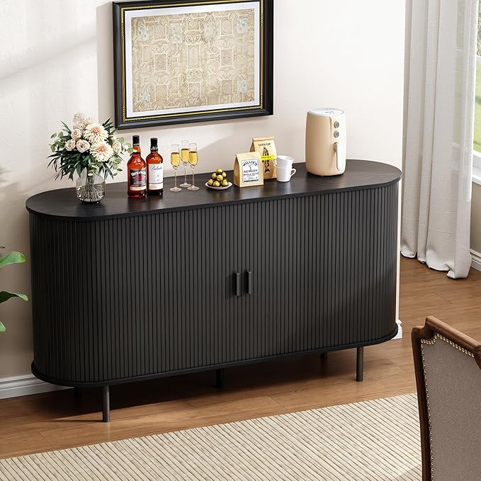 Buffet Cabinet with Storage, Fluted Sideboard Buffet with Sliding Door, Coffee Bar Cabinet with Adjustable Shelf, Console Table, Accent Table for Entryway, Kitchen (Black, 55 Inch)