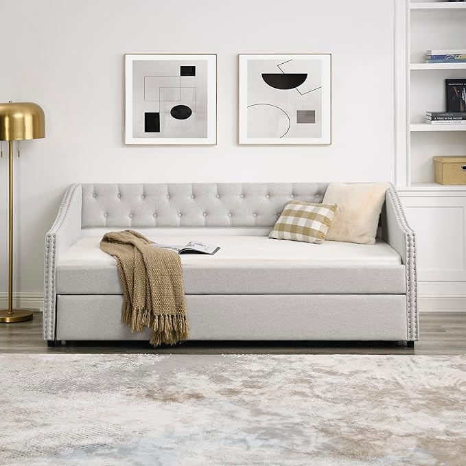 Favfurish Twin Size Daybed with Trundle,Linen Upholstered Sofa Bed W/Button on Back & Copper Nail on Waved Shape Armrests,Space Saving,No Spring Box Need,Wood Bedframe for Living Room Bedroom,Beige