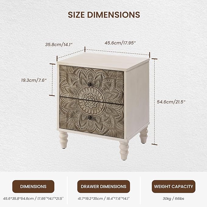 COSIEST Vintage Nightstand, 18" Wide Wood Small Bed Side Table with 2 Drawers, Accent Bedside Table, Bedroom Furniture for Home, Office (Lotus Pattern)