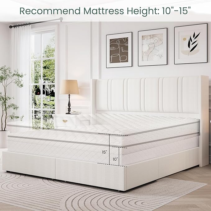 LARMACE King Size Bed Frame with 4 Storage Drawers and Wingback Headboard Linen Upholstered Platform Bed Frame with Wooden Slats, Easy Assembly, White