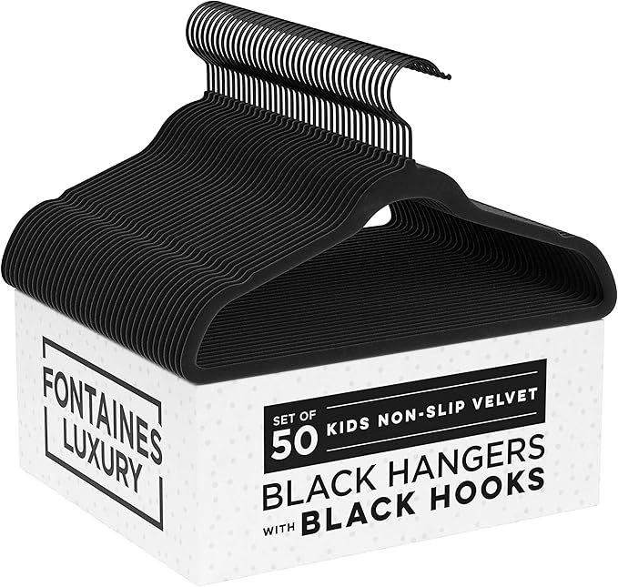 Fontaines Luxury Kid's Black Velvet Felt Non Slip Clothes Hangers 50 Pack - Ultra Slim & Space Saving - Heavy Duty Swivel Black Hook for Children's Clothing, Shirt, Dress, Skirt & Pants Organization