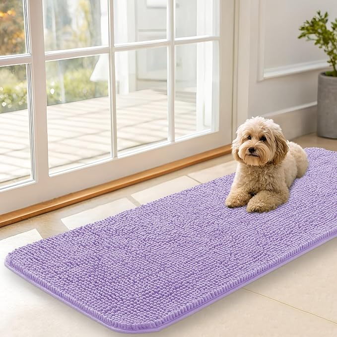 OLANLY Dog Door Mat for Muddy Paws 47x17, Absorbs Moisture and Dirt, Absorbent Non-Slip Washable Doormat, Quick Dry Chenille Mud Mat for Dogs, Entry Indoor Entryway Carpet for Inside Floor, Lavender