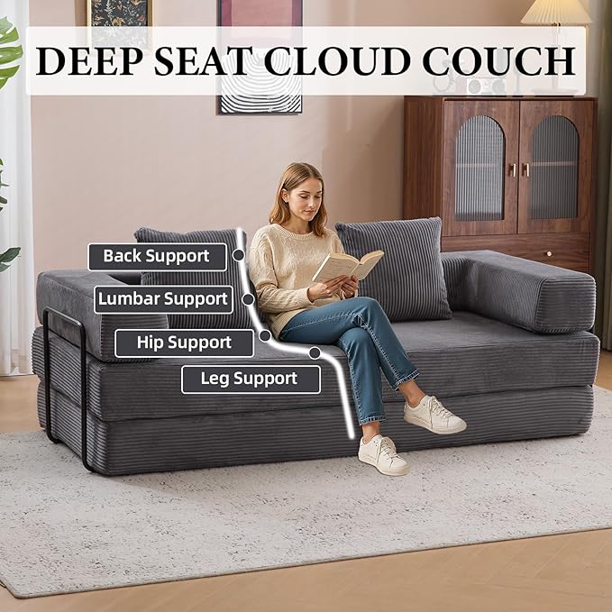 4-in-1 Convertible Folding Sleeper Sofa Bed, Fold Out Floor Sofa Couch with Fixed-Shape Frame, Cloud Corduroy Foldable Mattress Couch for Living Room Bedroom (77" Corduroy, Dark Grey)