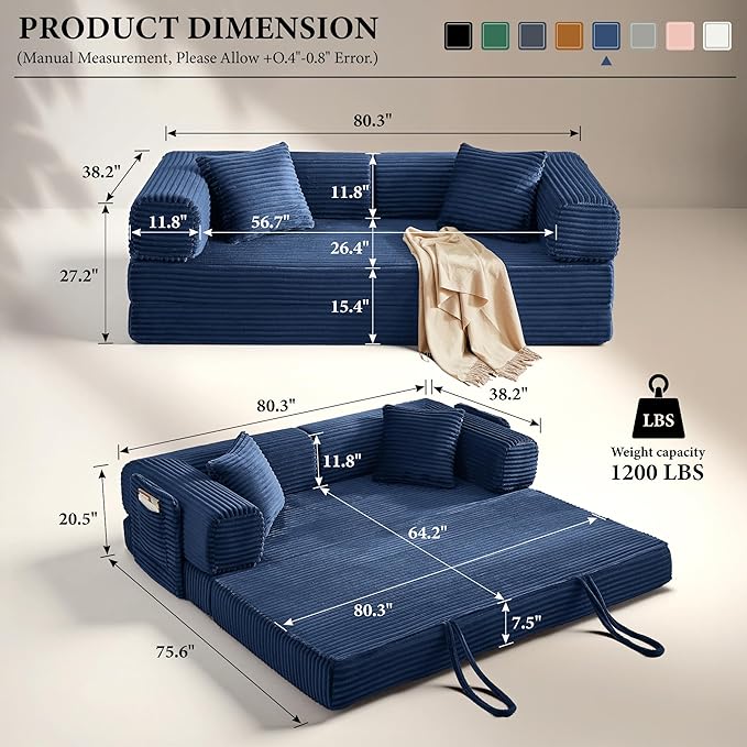 Boneless Couch Folding Couches for Living Room Sofa, Futon Sofa Bed with Sleeper Sofa, Futon Couch with Fixed-Shape Oversized Corduroy Upholstered (Blue, 81 Inches)
