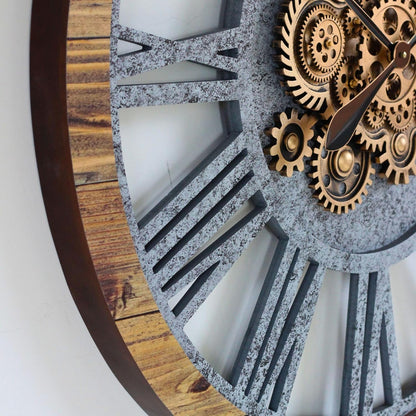 The Gears Clock 36'' Inch Real Moving Gear Wall Clock Vintage Industrial Oversized Rustic Farmhouse (Wood and Stone)