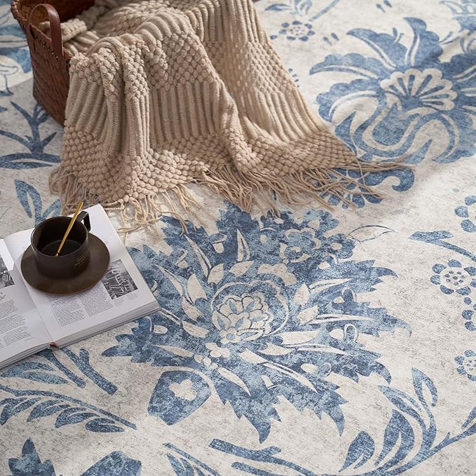jinchan Torino Floral 5x7 Area Rugs, Vintage-Inspired Design Accent Rug, Machine Washable Ultra-Thin Low-Pile Non-Slip Traditional Carpet for Living Room Bedroom Dining Room Home Office, Turquoise