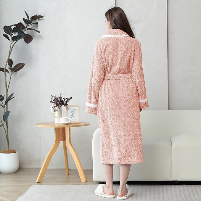 Oksun Womens Long Fleece Robe: Soft Fluffy Warm Bathrobe - Cozy Winter Housecoat Nigthgown with Chic Piping