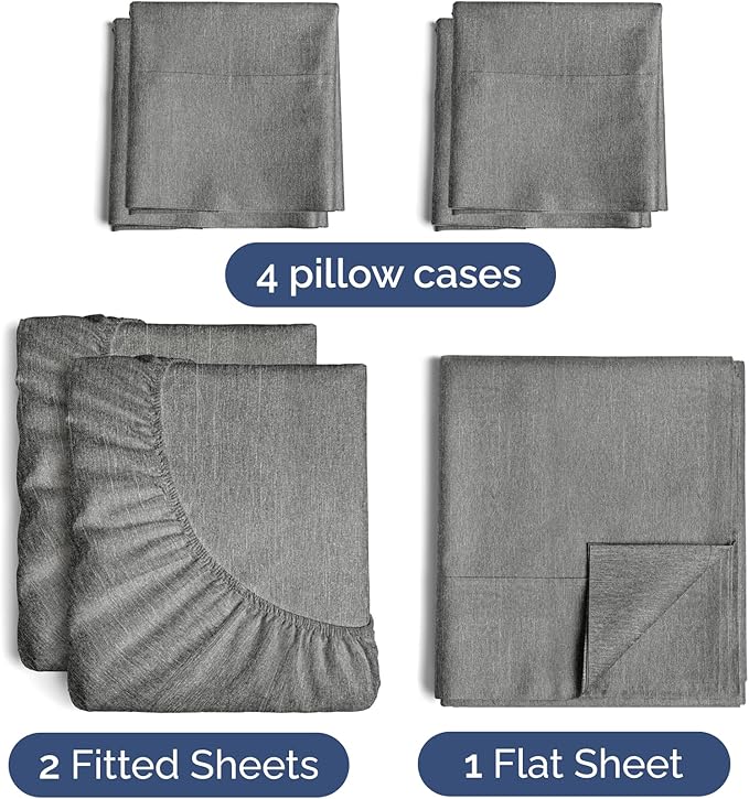 Split King 7 Piece Sheet Set - Cooling & Breathable - Hotel Luxury Bedding Includes Fitted Sheets for Women, Men, Kids & Teens - 1 Flat, 2 Fitted Sheets, 4 Pillowcases w/Deep Pockets - Heathered Grey