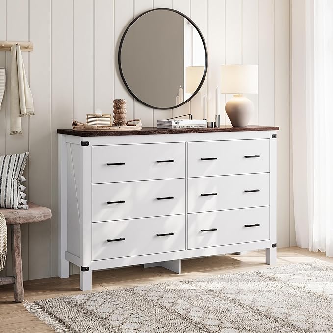 LINSY HOME Farmhouse 6 Drawer Double Dresser for Bedroom, 53” Wide Rustic Wood Chest with Deep Drawers, Modern Dressers with Storage and Metal Handles for Closet, Living Room, Hallway, Off White
