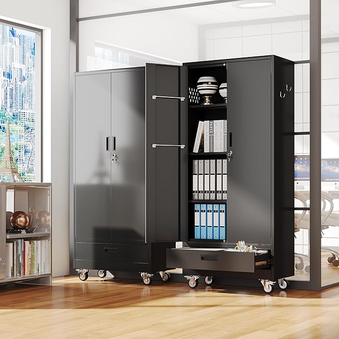 31.5 in Wide Garage Storage Cabinet with Wheels, Metal Storage Cabinet with 1 Drawer and 3 Adjustable Shelves for Home Offices, Gyms and Pantries, Black