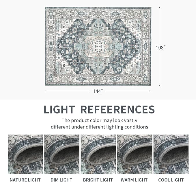 9x12 Vintage Washable Area Rug for Living Room,Low Pile Non Slip Carpet Non-Shedding Large Area Rug Soft Indoor Stain Resistant Rug Boho Print Mat for Bedroom Dining Room Blue Beige Multi