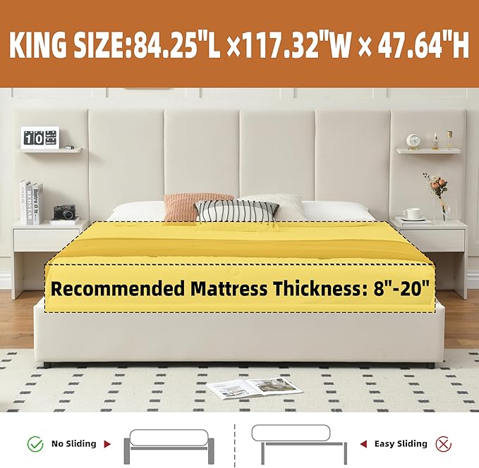 King Bed Frame with Storage & Built-in Nightstands, Velvet Upholstered Platform Bed Frame with Drawers & 2 Floating Storage Shelves, Noise-Free, No Box Spring Needed, Easy Assembly, Beige