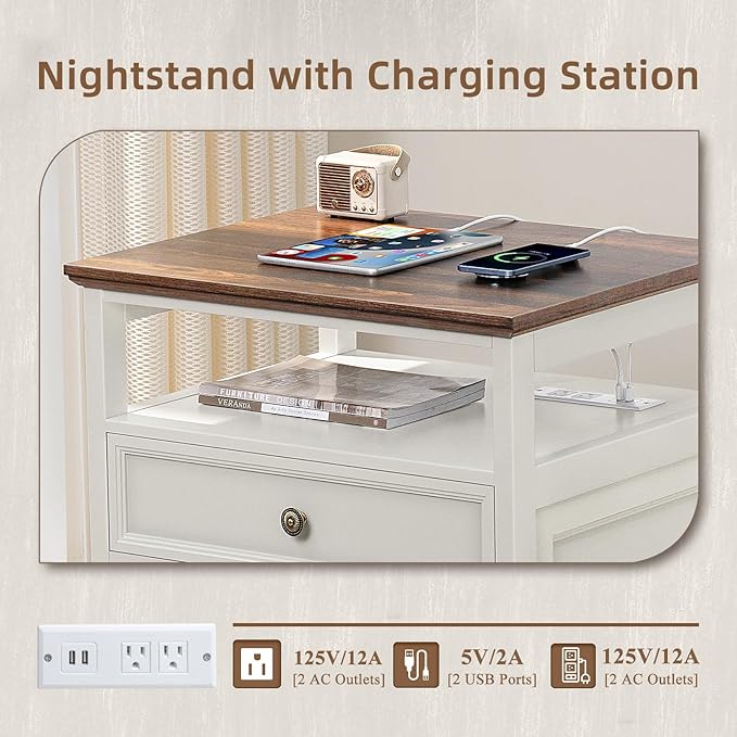 Farmhouse Nightstand with Charging Station, 24" Wide End Table with 2 Drawers,White Wood Dresser for Bedroom, Bed Side Table Chest of Drawers Cabinet,Night Stand for Living Room, Closet