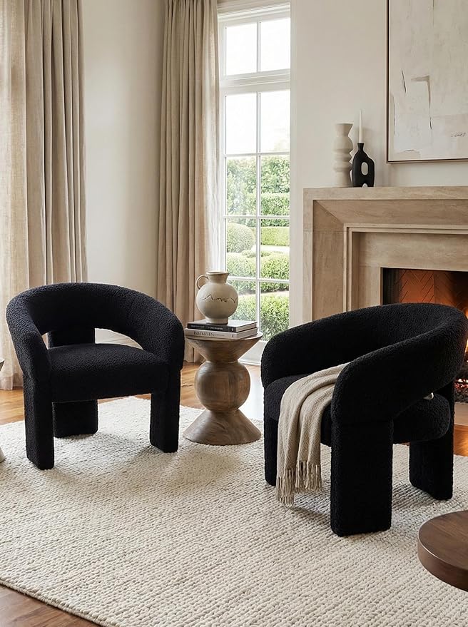 LukeAlon Modern Sherpa Accent Chair Barrel Back Armchair, Upholstered Lounge Chair for Living Room, Bedroom, Office, Waiting Rooms, Black
