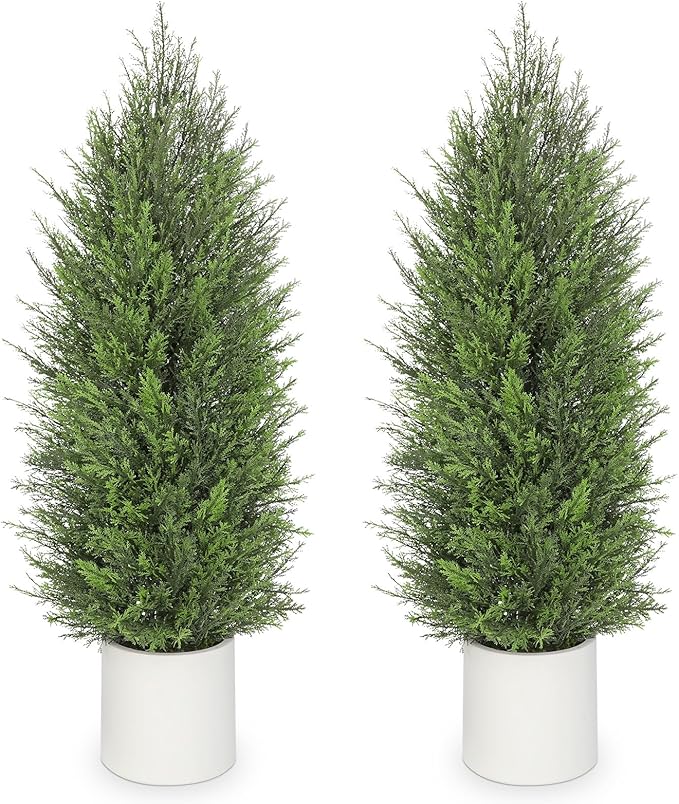 Briful 2PCS 4ft Artificial Cedar Topiary Trees in White Planter – Medium Faux Evergreen Potted Plants, Indoor Outdoor Fake Shrubs, Lifelike Fake Cypress Trees for Home, Office, Patio, Porch