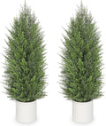 Briful 2PCS 4ft Artificial Cedar Topiary Trees in White Planter – Medium Faux Evergreen Potted Plants, Indoor Outdoor Fake Shrubs, Lifelike Fake Cypress Trees for Home, Office, Patio, Porch
