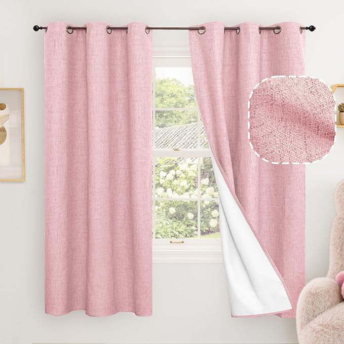 Baby Pink Linen Blackout Curtains for Nursery 63 Inch Length 2 Panels Set, Thermal Insulated Boho Total Black Out Noise Reducing Bonzer Grommets Window Curtains for Girls Bedroom, Each 38 Inch Wide