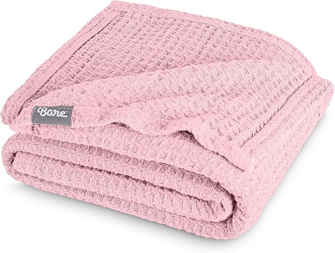 Bare Home Light Pink Waffle Blanket, Extra Long - 66Wx90L, 100% Cotton, Soft & Breathable Blanket for All Seasons, Lightweight, Perfect for Layering Bed, Sofa & Couch (Twin/Twin XL, Light Pink)