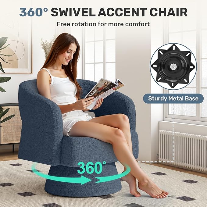 Swivel Accent Chair Set of 4, Modern Comfy Teddy Barrel Chairs, Oversized Upholstered Round Arm Chair for Living Room, Bedroom, Reading Room, Blue