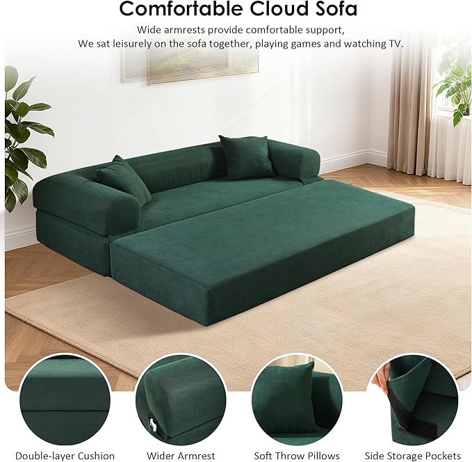 80" Convertible Sofa Bed, 3-in-1 Corduroy Folding Pull Out Couch with Pillows, No Assembly Modern Boneless Couch Compression Sofa in Box, Floor Sofa with Side Storage Pocket for Living Room,Dark Green