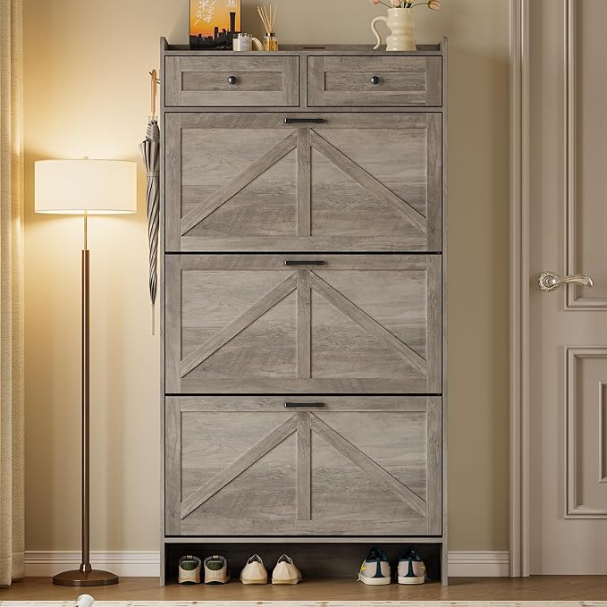 Shoe Storage Cabinet for Entryway, Farmhouse Narrow Shoe Cabinet with 3 Flip Drawers & 2 Top Drawers, Adjustable Shelves & Hooks, Freestanding Hidden Rack Organizer for Hallway, Foyer