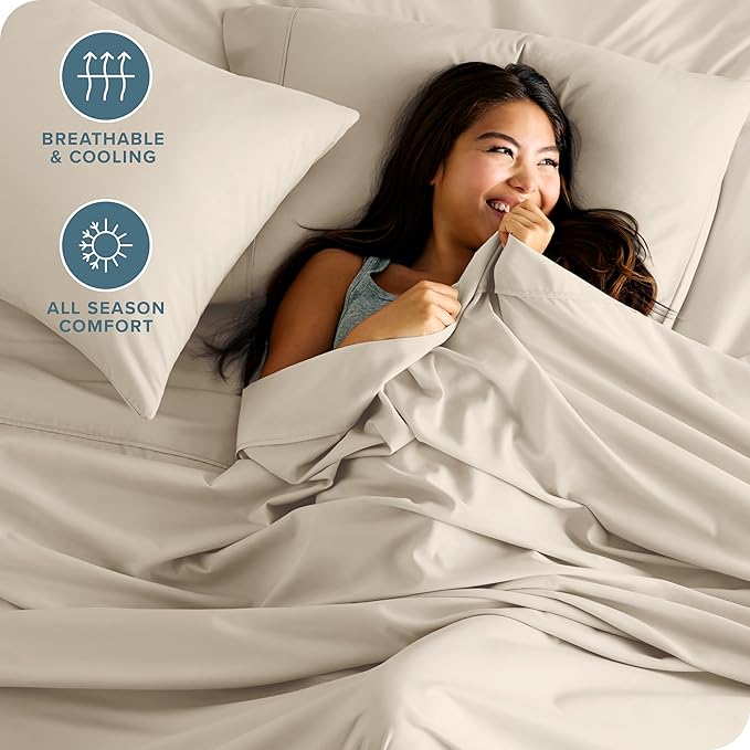 Bare Home Hotel Luxury Split King Sheet Set, Extra Soft - 7 Piece Set - Deep Pockets - Easy Fit - Cooling & Breathable - Wrinkle, Fade, Stain Resistant - Includes 4 Pillowcases (Split King, Sand)