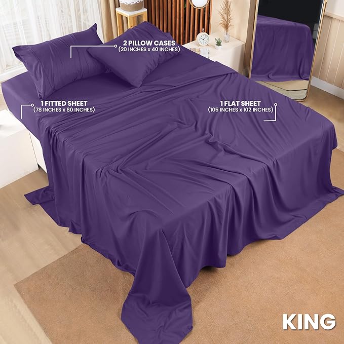 Utopia Bedding King Sheet Set – 4 Piece Bed Sheets for King Size Bed, Soft and Breathable Microfiber, Includes 1 Fitted Sheet, 1 Flat Sheet and 2 Pillowcases (Egg Plant)
