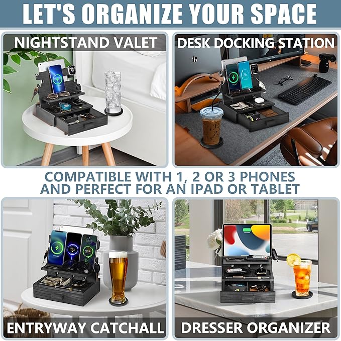 Black Wood Phone Docking Station for up to 3 Phones - Nightstand Organizer with Drawer for Valuables for Men & Women, Compatible With Apple Watch, Holds Phones, Tablets, Keys, Rings, Glasses, EDC