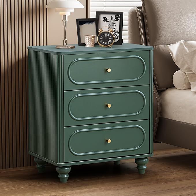 3 Drawer Fluted Dresser for Bedroom Set of 2, Mid Century Modern Chest of Drawers, Wood Storage Small Dresser Organizer for Bedroom Living Room Hallway Closet, Green