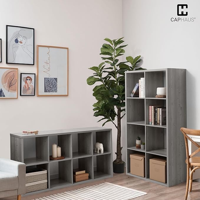 CAPHAUS Sturdy Room 11-Inch Cube Storage Organizer Shelf, with Thick Exterior Edge, Storage Shelf Divider w/Back, Bookcase, 9-Cube, Greige Oak