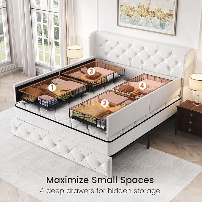 LARMACE Queen Size Bed Frame with 4 Storage Drawers and Wingback Headboard Velvet Upholstered Platform Bed Frame Tufted Beds with Wooden Slats Support, Easy Assembly, White