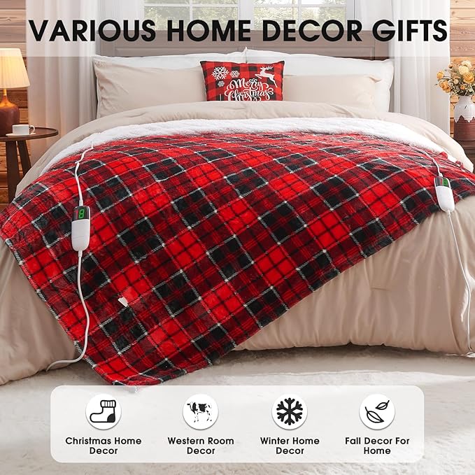 Heated Blanket Electric, Queen Size 84X90, Heating Blanket with 10 Heating Levels/8 Hours Auto Off/Dual Control for Bed, Red Checkered Sherpa Blankets Warmer for Adults, Christmas Blankets