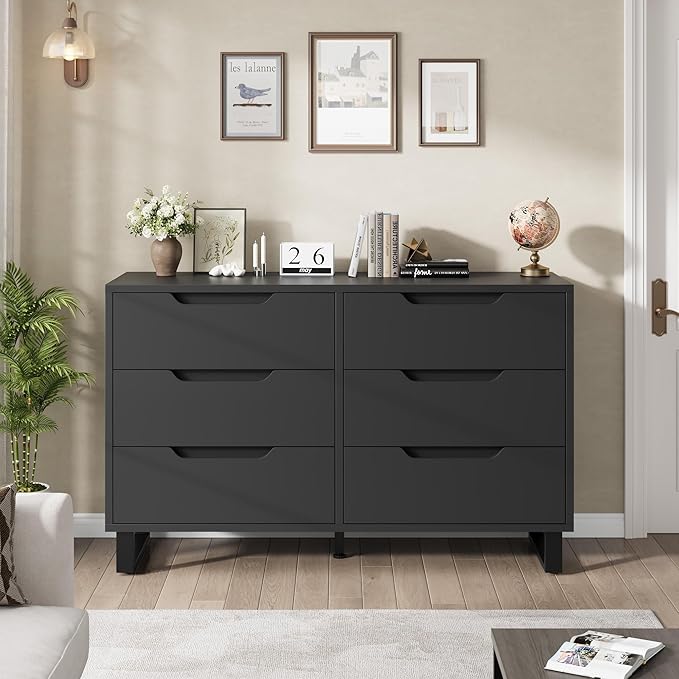 GarveeHome 6 Dresser for Bedroom, 47.2 in Wide Dresser, Freestanding Vertical Drawer Cabinet with Storage, Wooden Closet Storage Chest for Living Room, Hallway, Entryway, Black