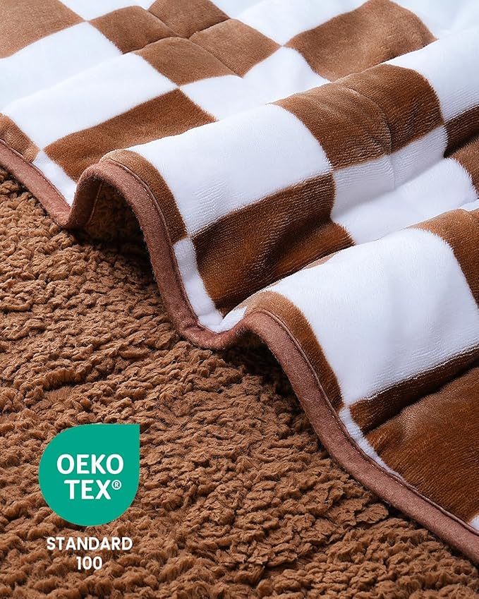 Checkerboard Weighted Blanket Queen Size 15 lbs for Adults, Fluffy Sherpa Luxurious Flannel Heavy Weighted Blankets for Bed Couch Sofa, Ultra Soft Cozy Bed Blanket, Plaid Khaki, 60" x 80"