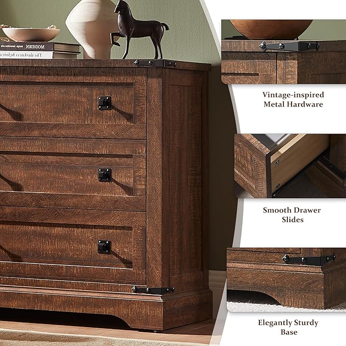 T4TREAM 32" Farmhouse Nightstand with Charging Station Set of 2, Large End Table with 3 Storage Drawers, Rustic Wood Bedside Table for Bedroom, Living Room, Reclaimed Barnwood Color