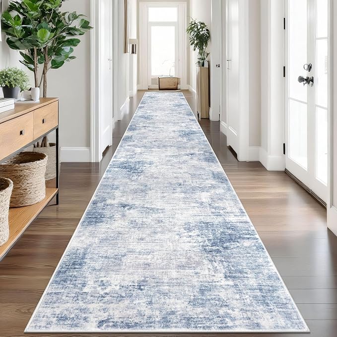 IOHOUZE Abstract Runner Rug 3x20 Ft Extra Long Washable Runners for Hallways, Non Slip Kitchen Runner Printed Faux Wool Entryway Runner Indoor, Modern Floor Carpet for Hall Stair, Light Blue White
