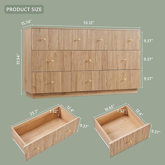 Fluted Dresser for Bedroom, 55" W 8 Drawer Dressers, Wood Tall Dresser Storage Organizer, Modern Bedroom Chest of Drawers with Deep Storage for Closet Hallway, Entryway, Living Room Natural