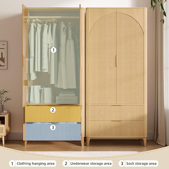 70.1" Arched Wooden Armoire Wardrobe Closet with 2 Doors and 2 Drawers,Fluted Bedroom Armoire with Hanging Rod Shelf,Wardrobe Armoire Closet Cabinet for Bedroom (Natural, 19.7)