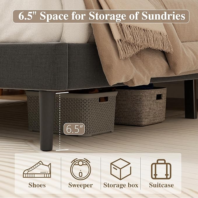 Full Size Bed Frame with Diamond Tufted Headboard, Linen Upholstered Platform Bed and Wooden Slat Support, Noise-Free, No Box Spring Needed, Easy Assembly, Dark Grey