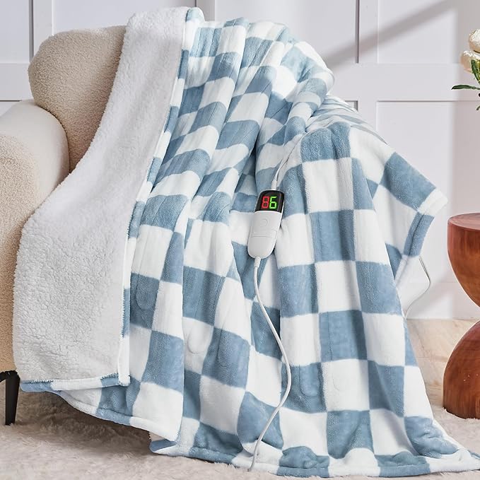 Heated Electric Blanket Twin Size, 62X84 Heating Blanket with 10 Heat Level & 8 Hours Auto Off, Misty Blue Checkered Plaid Soft Fleece Sherpa Blankets Warmer Gifts for Couch Grandma Women Adults
