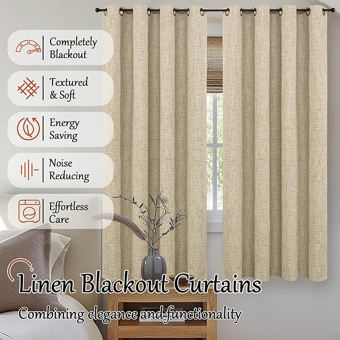 60 Inch Wide Linen Blackout Curtains for Bedroom 63 Inch Length 2 Panels, Total Black Out Thermal Insulated Energy Efficiency Grommet Boho Window Drapes White Liner for Modern Farmhouse, Burlap