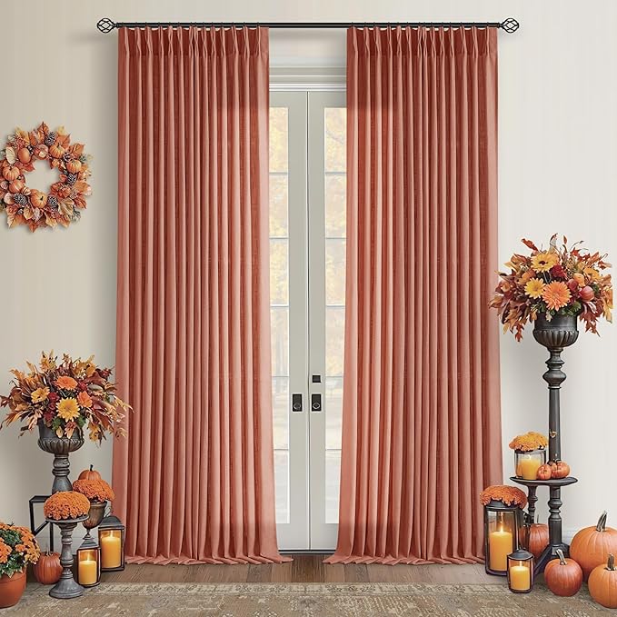 Terracotta 90 Inch Linen Curtains Pinch Pleated for Living Room Bedroom Dining Boho Light Filtering Pinch Pleat Drapes Hooks Rings Back Tab Semi Sheer Red Clay Autumn Fall Window Curtains 2 Panels