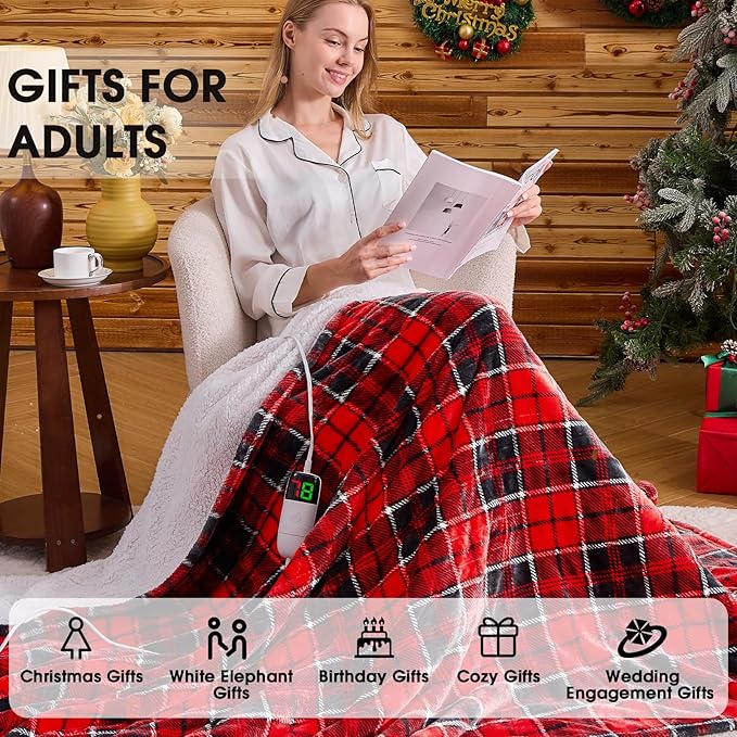 OCTROT Heated Blanket Electric Throw 50X60, Christmas Heating Throw Gift with 10 Heating Levels & 8 Hours Auto Off, Red Plaid Checkered Sherpa Blanket Warmer for Adults, Couch Bed Office Use
