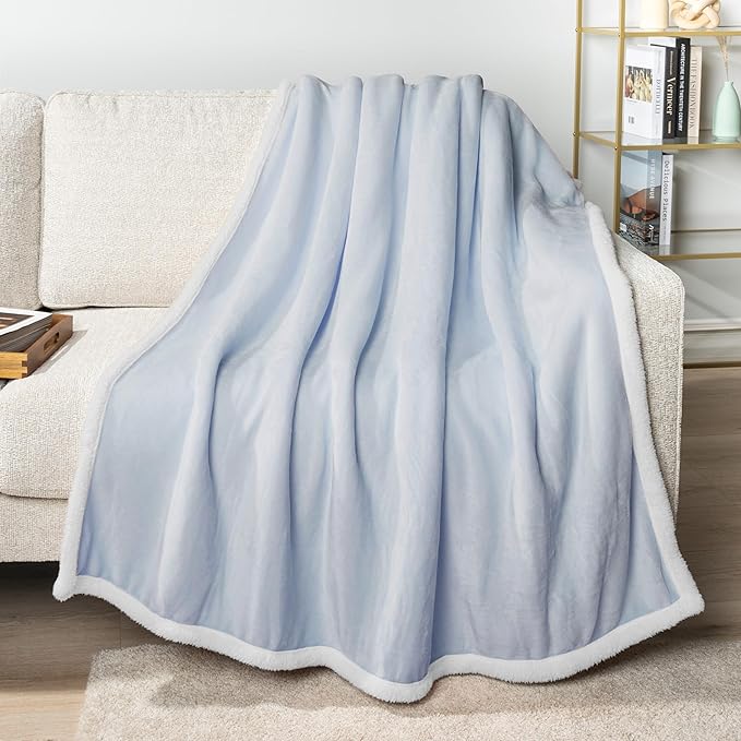 PAVILIA Sherpa Fleece Throw Blanket for Couch, Light Blue, Plush Soft Fuzzy Sofa Blanket, Cozy Reversible Winter Throw for Women Men, 50x60 Inches