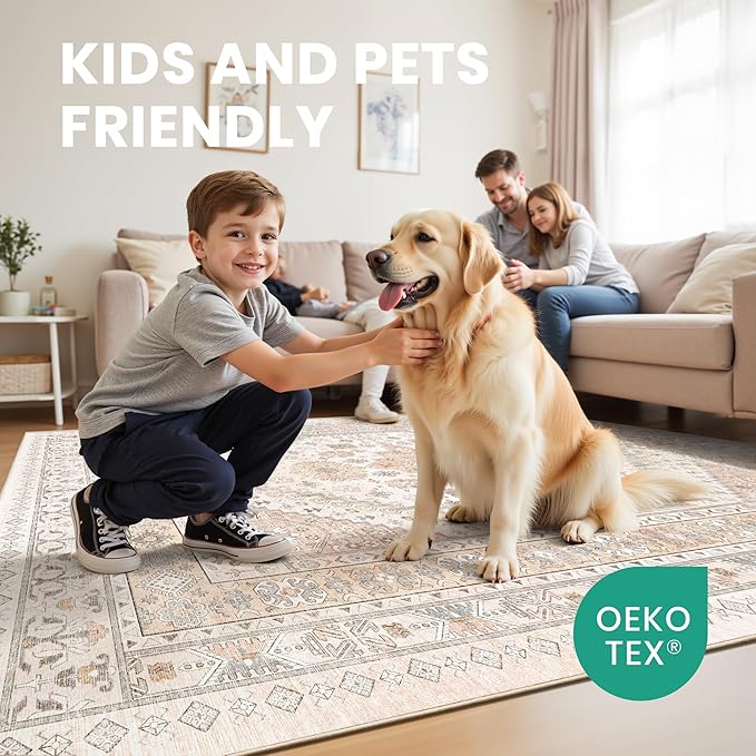 zesthome 9x12 Area Rugs for Living Room,Non-Slip Backing Washable Rugs,Vintage Large Area Rug，Stain Resistant Home Decor Rug