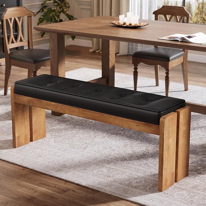 47-Inch Solid Wood Entryway Bench, Modern End of Bed Bench with Button-Tufted Leather Pad and Wooden Legs, for Living Room, Bedroom, Kitchen, Hallway, Black & Brown