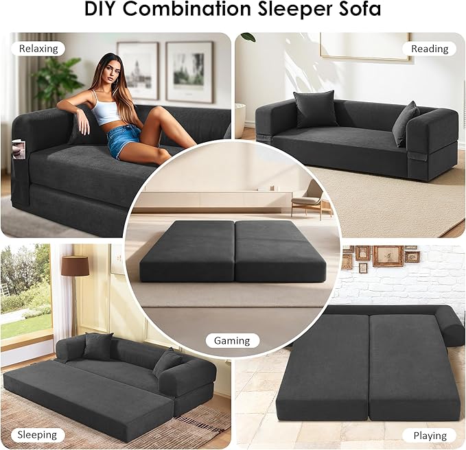 80" Convertible Sofa Bed, Corduroy Deep Seat Folding Pull Out Couch with Pillows, No Assembly Modern Boneless Couch Compression Sofa in Box, Floor Sofa with Storage Pocket for Living Room,Dark Grey