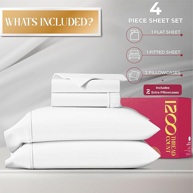 Mayfair Linen 100% Egyptian Cotton Full Size Bed Sheets - Luxury 1200 Thread Count Egyptian Cotton Sheets Full Size Bed Set (4 PC, White), Silky Soft, Cooling, 17" Deep Pocket Sateen Weave Bedding